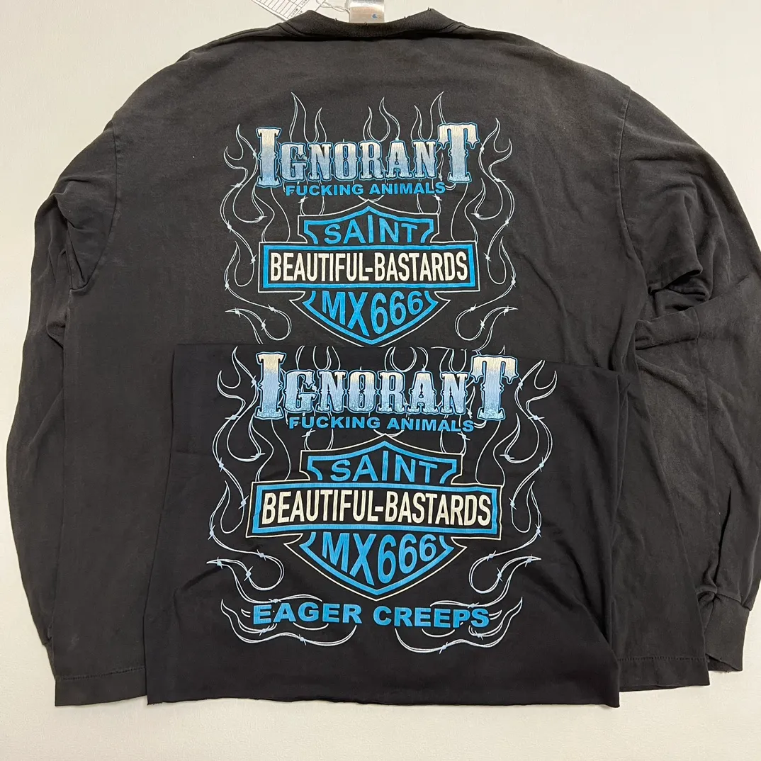 Printing proofing SAINT Mxxxxxx LS TEE/BTFL BASTARS/BLK flame dice distressed retro long sleeves washed black S-XL
